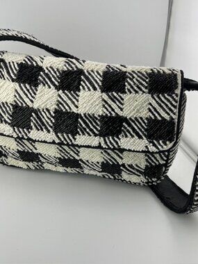 Womans Hand-beaded Shoulder Bag, Black & White Houndstooth Plaid Pattern
